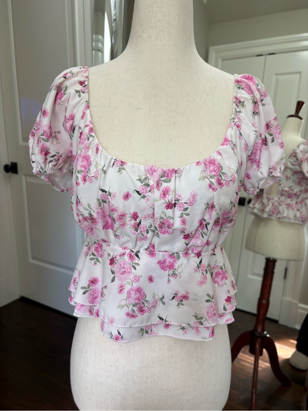 Altar'd State White Crop Top with Pink Floral Print